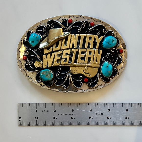 Giant Country Western Silver & Turquoise Belt Buckle 6\